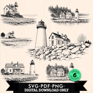 Prospect Harbor Point Light SVG-paket | 6 vintage fyrdesigner | Maine kustnära nautiska laserfiler