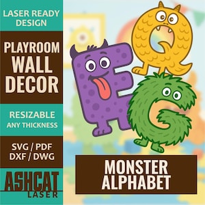 May include: Playroom wall decor featuring a monster alphabet design. The image shows the letters F, Q, and G, each designed as a colorful monster. The text includes "Laser Ready Design," "Resizable," and "Monster Alphabet."