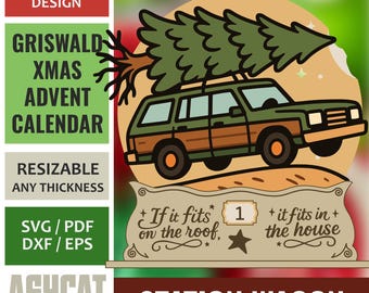 Retro Griswold-Style Station Wagon Advent Calendar | Laser Cut SVG PDF DXF | Christmas Vacation Inspired Decor