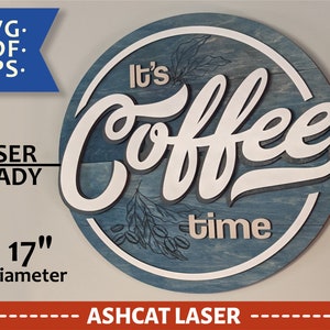 May include: A 17-inch round wooden sign with a blue background and white lettering. The sign says "It's Coffee Time" with a coffee bean design.