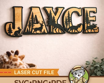 Woodland Nursery Name Sign SVG | Forest Animal Alphabet Letters for Laser | Pine Tree Monogram Cut File | Cabin Decor | Nature Alphabet