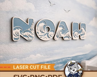 Ocean Wave Nursery Name Sign SVG | Nautical Alphabet Letters for Laser & Cricut | Coastal Baby Boy Room Decor | Sea Life Alphabet Cut Bundle