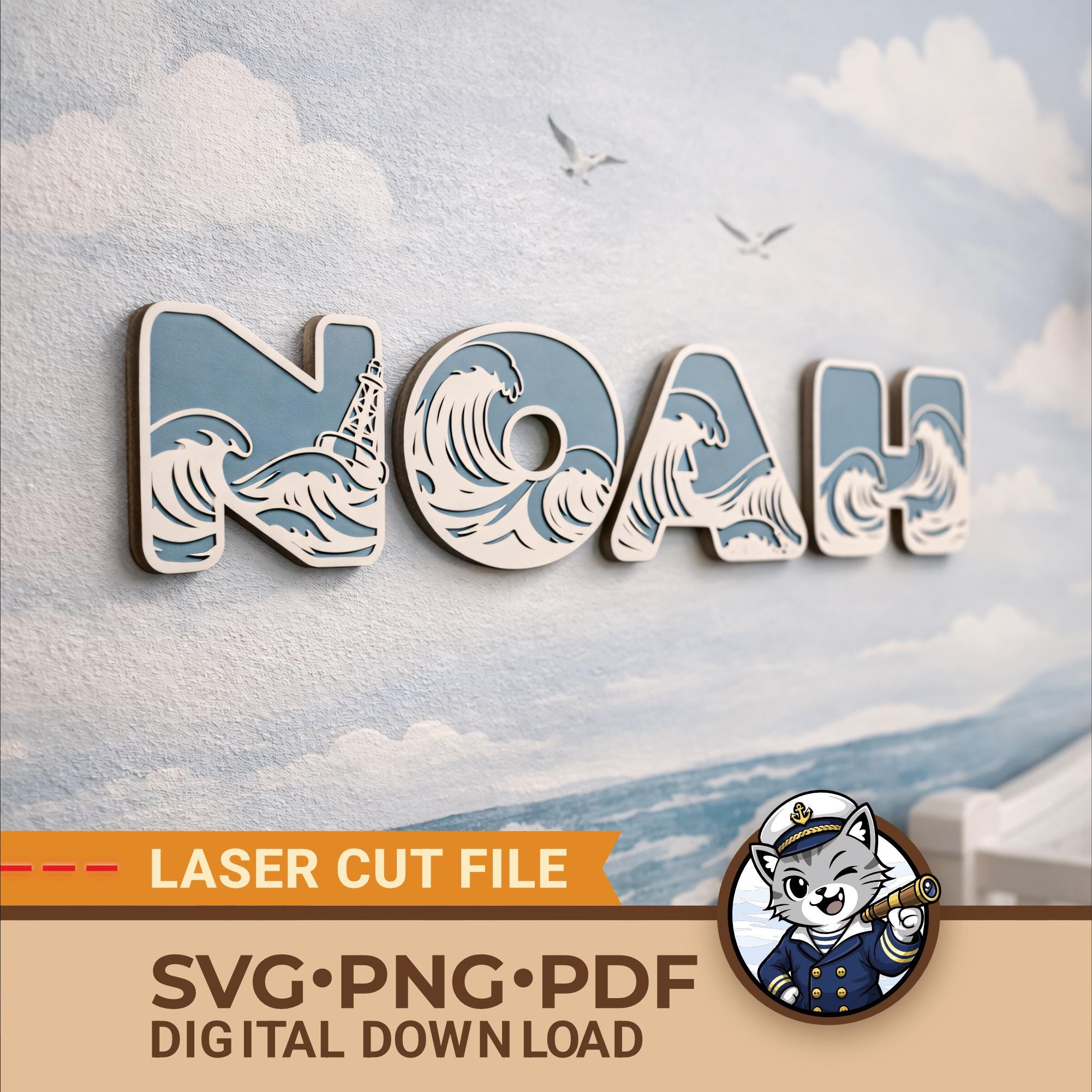 Ocean Wave Nursery Name Sign SVG | Nautical Alphabet Letters for Laser ...