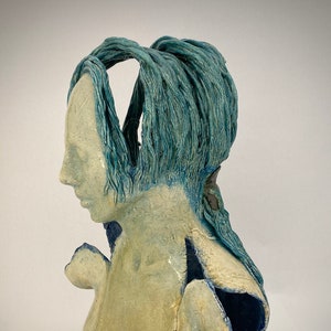 Cassandra II", Caribbean Blue and Parchment", sculpture, ceramic, Life size minus shrinkage , one of a kind by Tucson artist Joe Kimpton