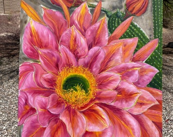 Cactus Flower, oil on canvas, Nora’s Flower”, original one of a kind painting by Joe Kimpton, Tucson, Az