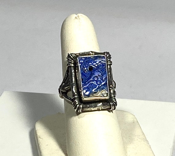 Lapis lazuli Chinese carved button ring size 7, s… - image 3