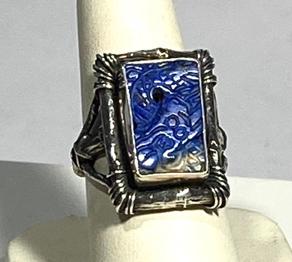 Lapis lazuli Chinese carved button ring size 7, s… - image 1