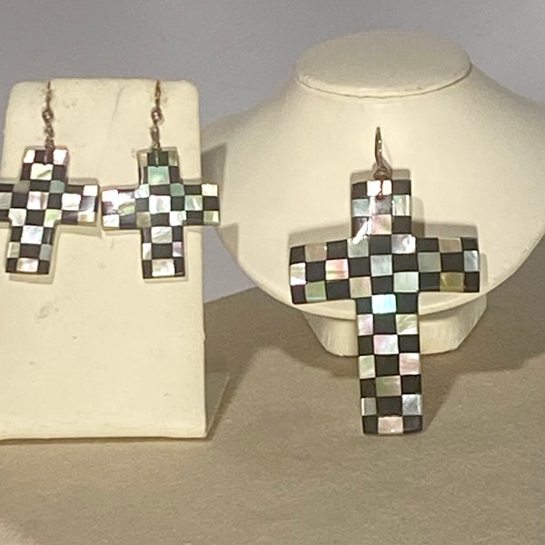 Zuni Cross Inlay Mother of Pearl / Black Pipestone on shell Earrings and Pendent w/ sterling wires