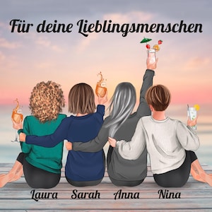 Puede incluir: Ilustraci&oacute;n de cuatro amigas sentadas en un muelle, cada una con un c&oacute;ctel. La imagen tiene un fondo de puesta de sol y el texto "F&uuml;r deine Lieblingsmenschen" en la parte superior, con los nombres Laura, Sarah, Anna y Nina en la parte inferior.