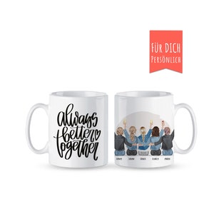 5 best friends sitting mug personalized, with hairstyles, life is better with friends, own text, panoramic mug