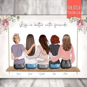 Poster “5 BFF Best Friends on the Swing” personalized gift for friends, besties, sitting women