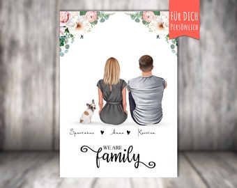 Poster Familie mit Katze +/ Hund, Pärchen mit Haustier, personalisierter Druck, Geschenk für Partner/Freund/Freundin/Frau oder Mann