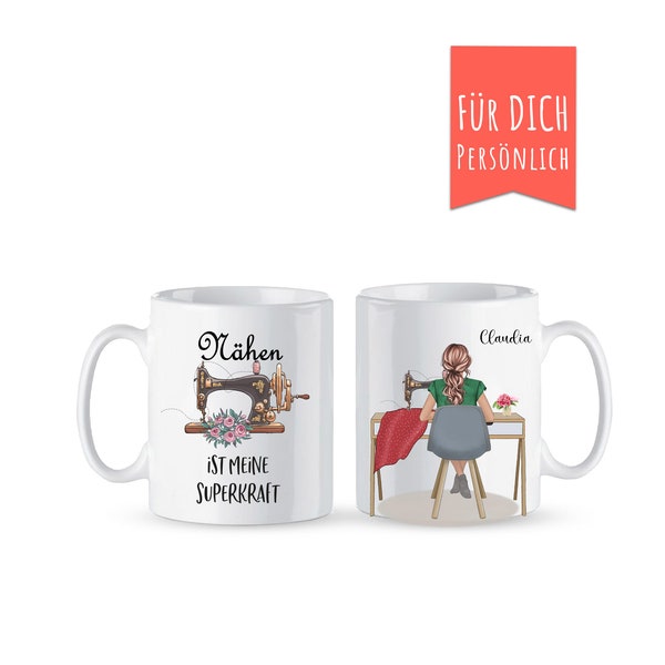 Tasse Geschenk für die Schneiderin/Schneider: personalisiert nach deinem Wunsch* mit eigenem Text, Nähmaschine, Frau oder Mann beim Nähen