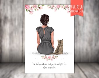 Poster woman with cat +/dog, up to 5 animals, personalized print, gift for partner/boyfriend/girlfriend/wife or husband, with choice of clothing