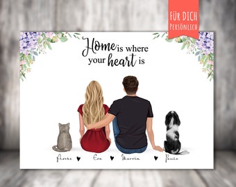 Affiche couple avec chat +/ chien, couple avec animal de compagnie, impression personnalisée, cadeau pour partenaire/petit ami/petite amie/femme ou mari
