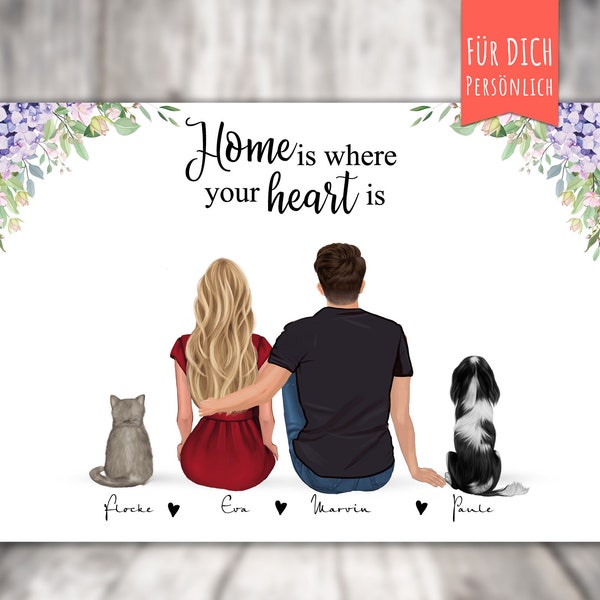 Poster coppia con gatto +/ cane, coppia con animale domestico, stampa personalizzata, regalo per partner/fidanzato/fidanzata/moglie o marito
