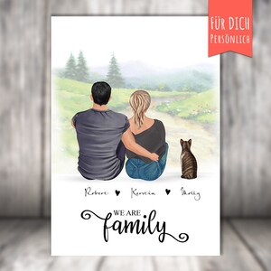 Poster Familie mit Katze +/ Hund, Pärchen vor Bergkulisse personalisierter Druck, Geschenk für Partner/Freund/Freundin/Frau oder Mann