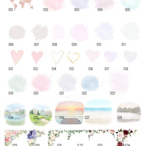 Puede incluir: Una colecci&oacute;n de dise&ntilde;os e ilustraciones en acuarela. Incluye un mapa del mundo en oro rosa, lavados de color pastel, formas de coraz&oacute;n, escenas de paisajes y arreglos florales de esquina. Cada dise&ntilde;o est&aacute; etiquetado con una "G" seguida de un n&uacute;mero.