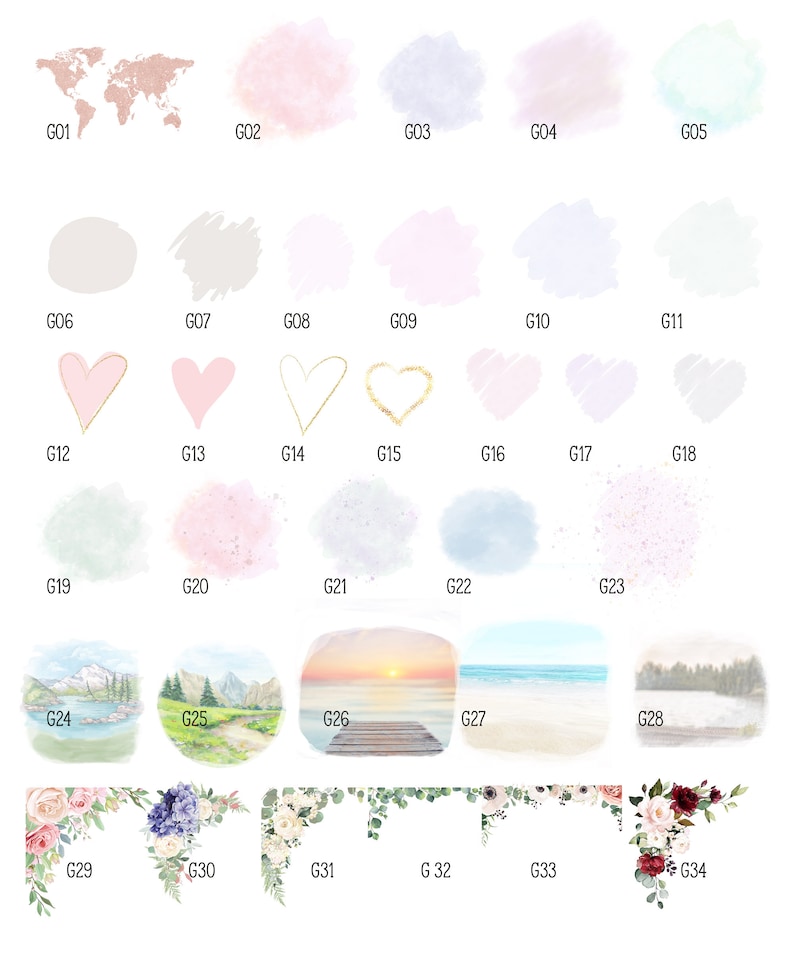 Puede incluir: Una colecci&oacute;n de dise&ntilde;os e ilustraciones en acuarela. Incluye un mapa del mundo en oro rosa, lavados de color pastel, formas de coraz&oacute;n, escenas de paisajes y arreglos florales de esquina. Cada dise&ntilde;o est&aacute; etiquetado con una "G" seguida de un n&uacute;mero.
