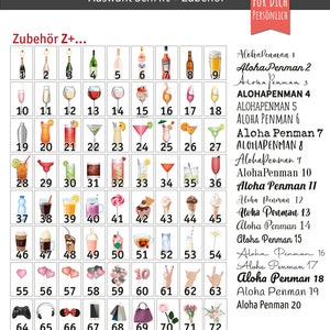 Puede incluir: Una cuadr&iacute;cula de ilustraciones en acuarela de bebidas, postres y accesorios. La imagen incluye botellas de champ&aacute;n, c&oacute;cteles, helados, globos y otros art&iacute;culos, numerados para la selecci&oacute;n.