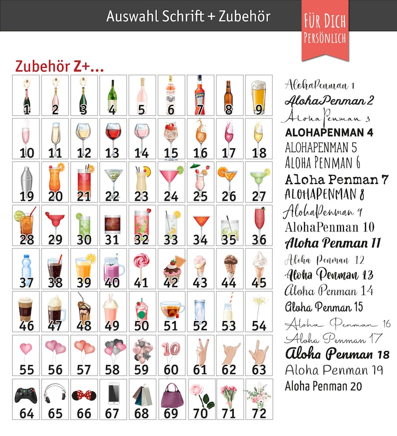 Puede incluir: Una cuadr&iacute;cula de ilustraciones en acuarela de bebidas, postres y accesorios. La imagen incluye botellas de champ&aacute;n, c&oacute;cteles, helados, globos y otros art&iacute;culos, numerados para la selecci&oacute;n.