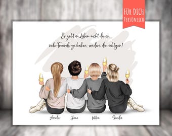 Op de afbeelding: Illustratie van vier vrouwen met blond haar, gekleed in casual kleding, die glazen champagne vasthouden. De tekst "Es geht im Leben nicht darum, viele Freunde zu haben, sondern die richtigen!" staat boven de vrouwen. De tekst "FÜR DICH PERSÖNLICH" staat rechtsboven. De namen "Amelie", "Jana", "Katrin" en "Sandba" staan onder de vrouwen.