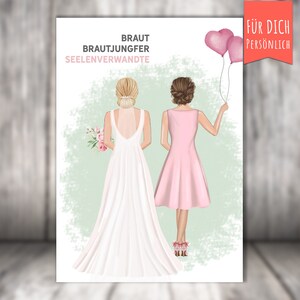 Affiche ou carte pliante « Mariée et Demoiselle d'Honneur » cadeau personnalisé avec prénom, texte, coiffure, couleur de peau, cadeau personnalisé, petite amie,
