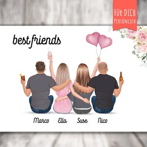 Poster „BFF 4 Beste Freunde“ personalisiert,  personalized gift, Freundebild für Paare, 2Pärchen, personalized Friends/Couples, Familienbild