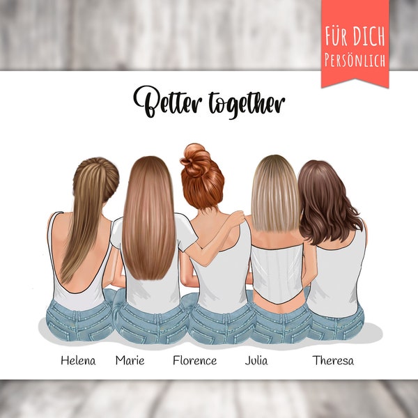 Poster „5 BFF Beste Freundinnen in weißen Oberteilen“ personalisiertes Geschenk für Freunde, Besties, sitzende Frauen, 5 Jugendliche