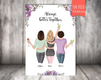 Poster "3 Best Friends on the Beach" personalized gift with name, text, hairstyle, personalized gift, with or without background