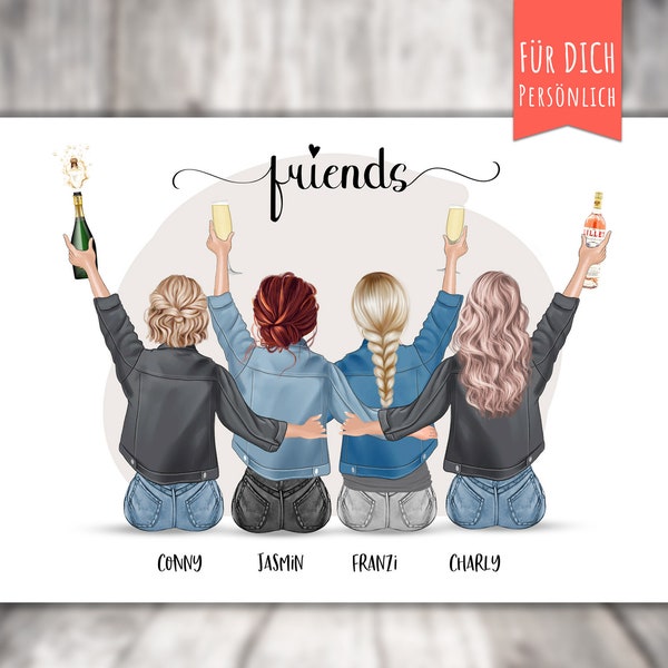 Affiche « 4 BFF Best Friends » personnalisé, cadeau personnalisé, petite amie, meilleurs amis, meilleures sœurs assises, moja przyjaciółka