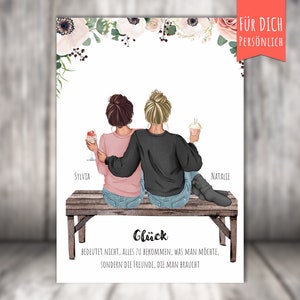 Poster Druck oder Datei: 2 Beste Freundinnen sitzend auf einer Bank, personalisiert mit Frisur-Haarfarbe - Text - Schriftart und Zubehör