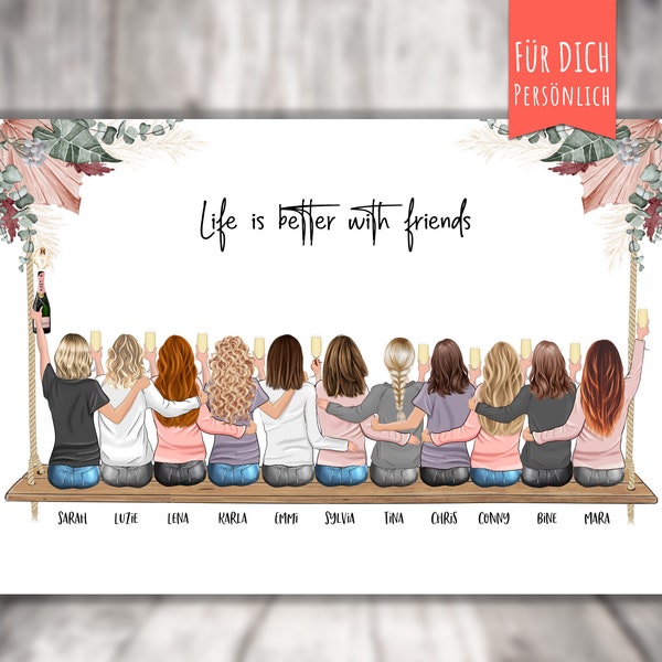 Poster „BFF 11 Beste Freundinnen“ personalisiert,  personalized gift, Freundin, best friends, Life is better with friends, Magnolie