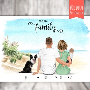 Pôster família com gato +/cachorro, casal com bebê e animal à beira d'água, impressão personalizada, presente para companheiro/esposa ou marido