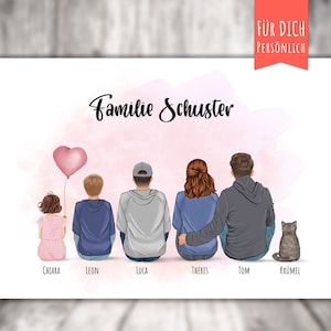 Poster Familie mit Katze +/ Hund, Pärchen mit 3 Kindern , personalisierter Druck, Geschenk für Partner/Frau oder Mann