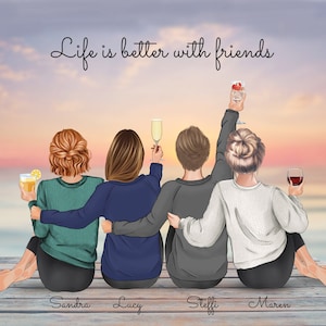 Poster &quot;4 BFF Best Friends&quot; personalized, personalized gift, girlfriend, best friends, best sisters sitting, 4 women poster