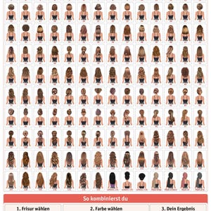 Puede incluir: Un gr&aacute;fico que muestra varios peinados y colores de cabello. La imagen presenta una cuadr&iacute;cula de mujeres con diferentes peinados, acompa&ntilde;ada de muestras de color e instrucciones en alem&aacute;n. El texto en la parte inferior dice "Elige tu peinado y color de cabello".