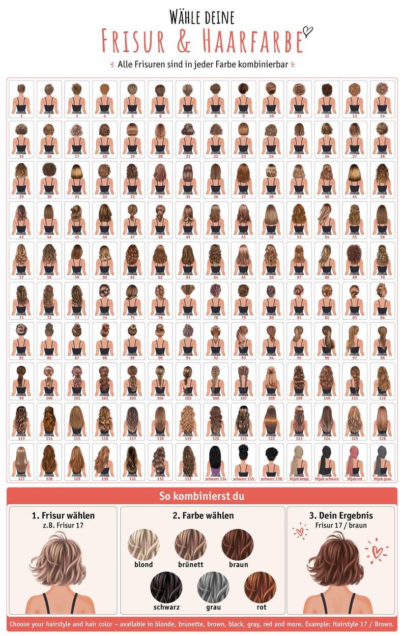 Puede incluir: Un gr&aacute;fico que muestra varios peinados y colores de cabello. La imagen presenta una cuadr&iacute;cula de mujeres con diferentes peinados, acompa&ntilde;ada de muestras de color e instrucciones en alem&aacute;n. El texto en la parte inferior dice "Elige tu peinado y color de cabello".