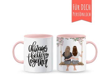 2 Beste Freundinnen Tasse personalisiert, mit Frisuren, Geschenk Lieblingsfreundin, eigenem Text, Panoramatasse, weiß, rosa oder schwarz