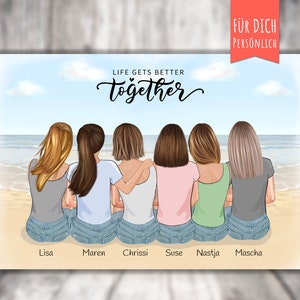 Poster "BFF 6 Best Friends" personalizzato, regalo personalizzato, fidanzata, migliori amiche, 6 donne sedute in riva al mare, come pdf o stampa