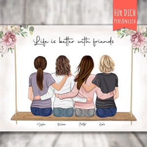 Poster 4 BFF Beste Freundinnen auf der Schaukel personalisiertes Geschenk für Freunde, Besties, sitzende Frauen Bild 1