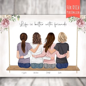 Poster “4 BFF Best Friends on the Swing” personalized gift for friends, besties, sitting women