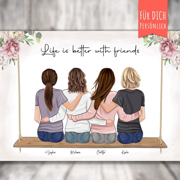 Affiche « 4 BFF Best Friends on the Swing » cadeau personnalisé pour amis, besties, femmes assises