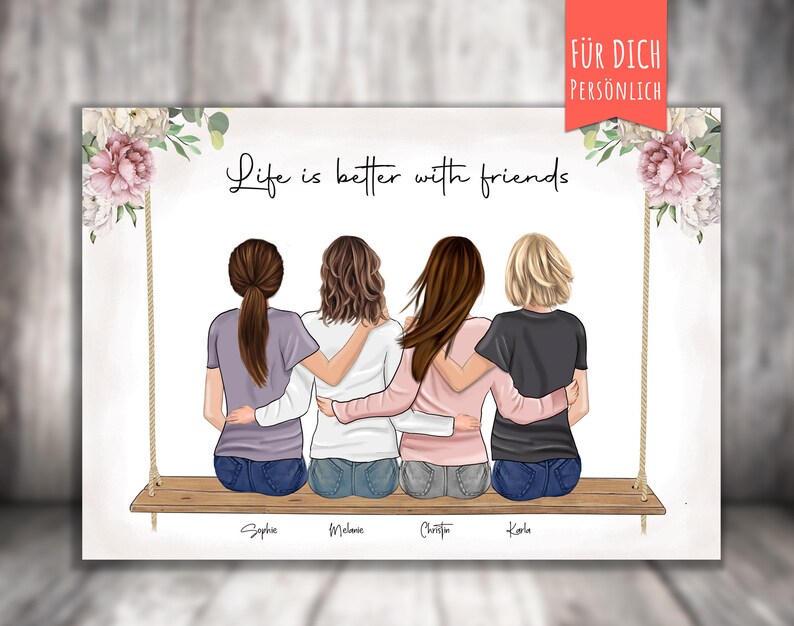 Poster 4 BFF Beste Freundinnen auf der Schaukel personalisiertes Geschenk für Freunde, Besties, sitzende Frauen Bild 1