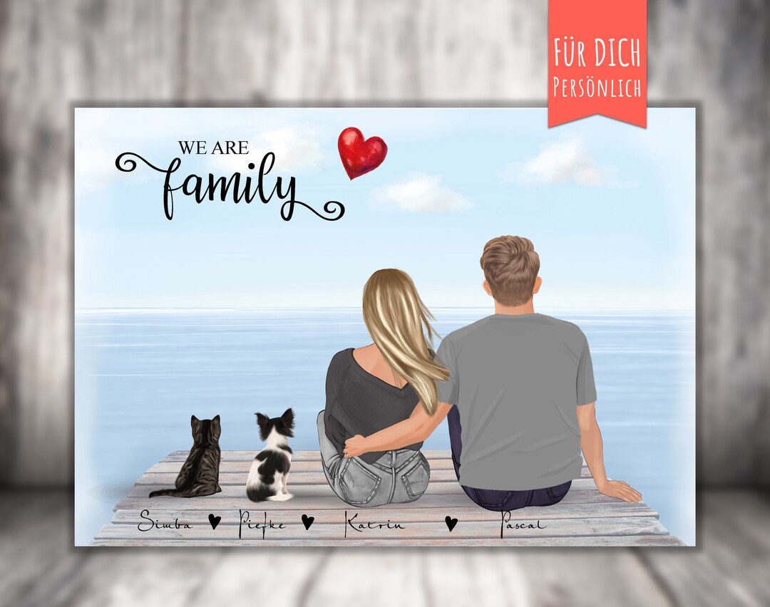 Poster Familie mit Katze / Hund, Pärchen mit Katze am Wasser