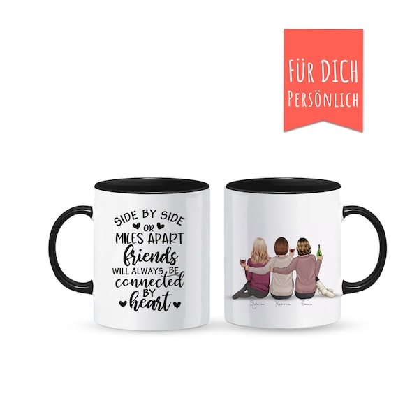 3 Beste Freundinnen Tasse personalisiert, mit Frisuren, Tasse in weiß rosa oder schwarz, eigenem Text, Panoramatasse, 3 Frauen sitzend Pulli