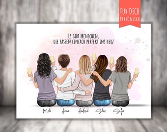 Op de afbeelding: Een digitale illustratie van vijf vrouwen die hun armen om elkaar heen slaan en glazen champagne vasthouden. De tekst "ES GIBT MENSCHEN, DIE PASSEN EINFACH PERFEKT INS HERZ" staat boven de vrouwen. De tekst "FÜR DICH PERSÖNLICH" staat in de rechterbovenhoek. De namen van de vrouwen staan onder hen: "Melli", "Anna", "Andrea", "Silke" en "Sofia".