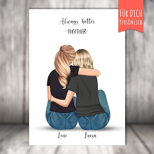 Poster „BFF Beste Freundinnen umarmt sitzend“ personalisiert für Dich mit Namen, Text und Persönlichkeit, personalized gift,