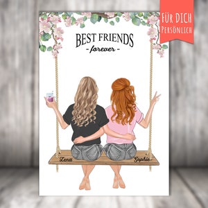 Poster „2Beste Freundin“ personalisiert, Beste Freundin, sitzend auf Schaukel, personalized present