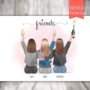 Poster &quot;3 best friends personalized gift with name, text, hairstyle, personalized gift, print or file, with choice of background
